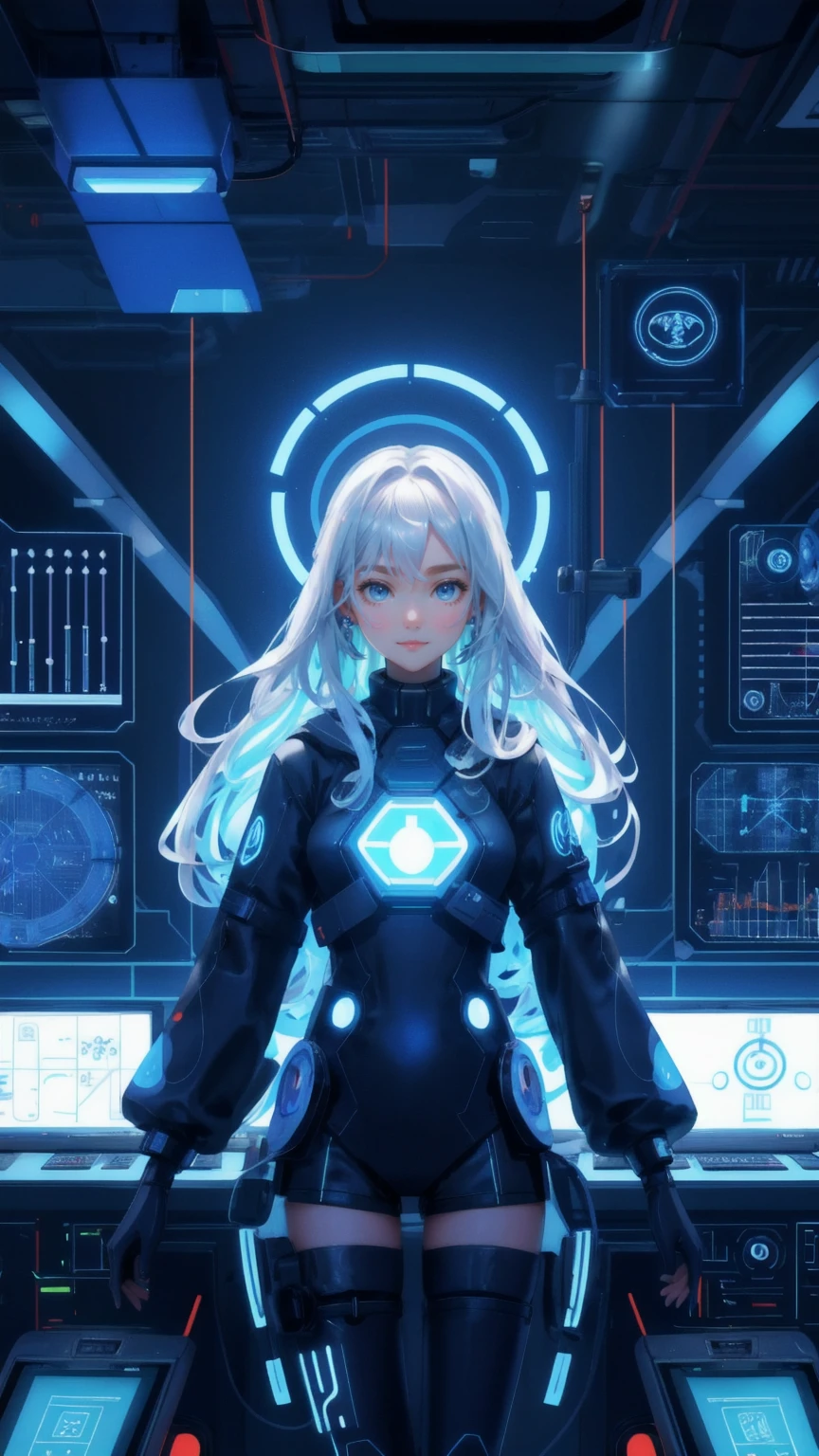 Design an image in a futuristic, blue-themed control room, replacing the octopus-like figure with a cute girl who is calmly orchestrating the scene. The girl should have a confident and slightly smirking expression, conveying her mastery over the situation as she controls multiple puppet-like figures with strings. The background should be filled with screens displaying complex data, charts, and symbols, reflecting the idea of centralized control and precision in a digital world. The overall atmosphere should blend authority, strategy, and the high-stakes environment of modern technology