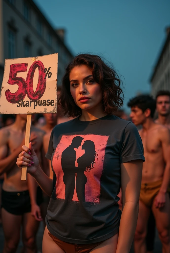 A woman, wearing a t-shirt with a strong vector design featuring a silhouette image of a naked couple having sex in black colour. The sentence "50 EWU SAKPUASE" is displayed with bold and distressed typography pastel tone,   holding a poster a sign that reads "(DISKON 99%)". short wavy hair, in a public place, surrounded by many naked men, large and sexy breasts, mitenight, with a shooting angle from the front, very realistic, (complex detail: 0. 9), (hdr, hyperdetail: 1.2), RAW, Sony Alpha a9 II, 24-105mm f/4, HDR,