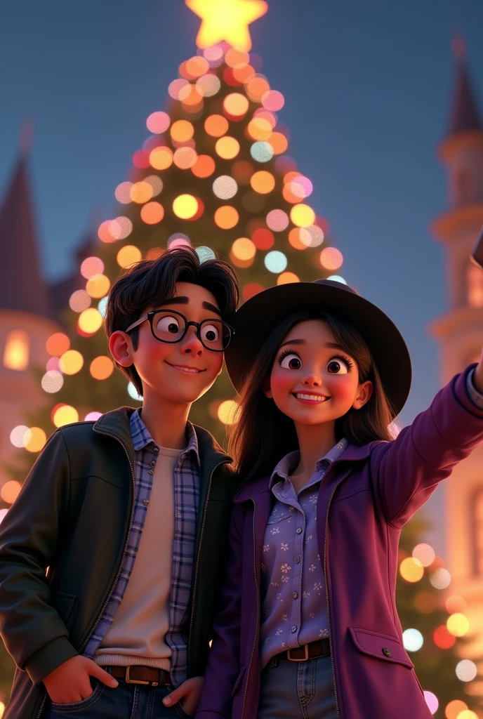 Pixar image with a couple taking a selfie photo behind them there is a large Christmas tree with many lights the man has glasses, black hair, a white shirt over a light blue checked shirt and over that a black jacket and the woman has a black hat a purple shirt with small white flowers and over that a purple jacket with white flowers, The woman has long hair and looks at the camera, He has his arm outstretched taking the selfie