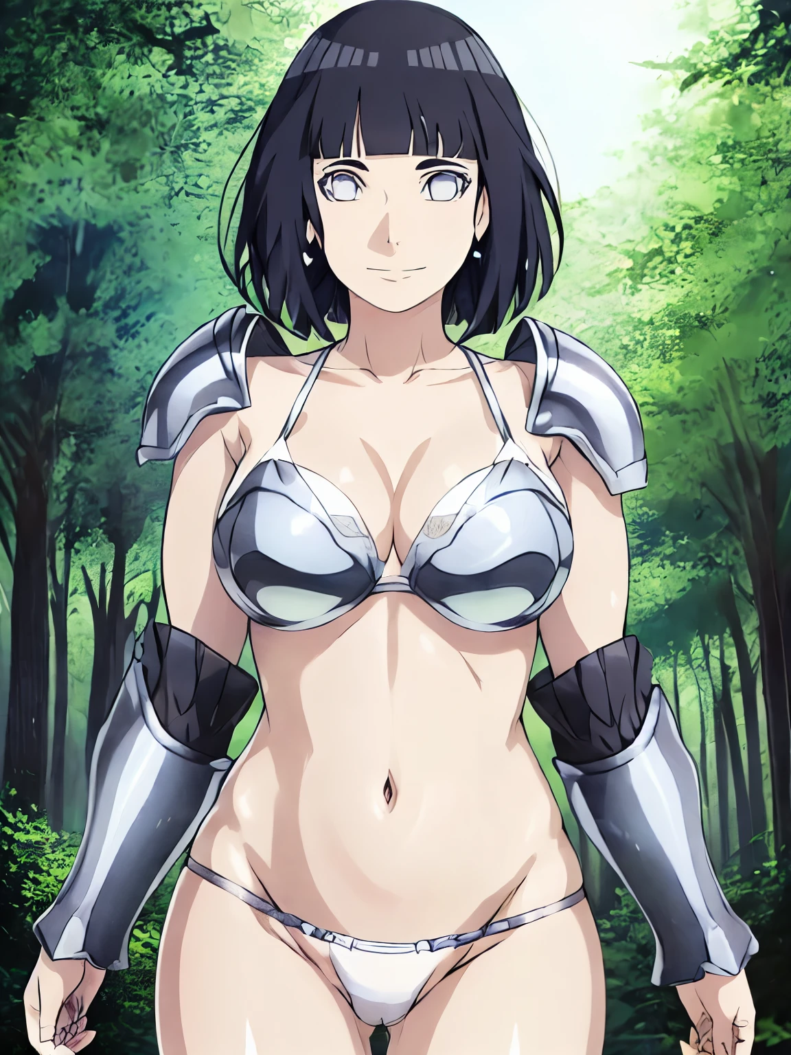 (hinata\(boruto\), (high quality:1.8), upper body:1.5, (curvy body:1.5), (ultra detailed body:1.4), (forest:1.7), (anime, tall woman, cowboy shot, ((arm curves:1.0), (defined biceps arms:1.0), (dark hair:1.8), (silver armor:1.8), ((white thong, bare arms, bare arms, bare shoulders)), (curved belly:1.2), (wide shoulders, off-shoulders), smile), (big breasts:1.1) ,(cleavage:0.8), closed mouth), ((pale skin)). ((dark blue:1.3, short hair, hime cut، loose hair), (windy:1.2)