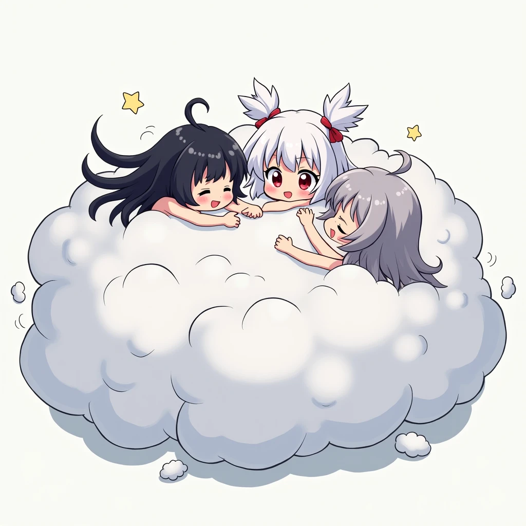 An anime-style illustration depicting three cloud-hair girls playfully wrestling with each other inside a light gray comical fight cloud.
each girl has different colored hair: one with black cloud-hair,another with white twin cloud-hair,and one with gray cloud-hair.
their faces,hands,and feet are visible emerging from the cloud as they tussle humorously, with the rest of their bodies completely hidden inside the cloud.
the illustration emphasizes the humorous and energetic nature of their scuffle,with a fluffy andexaggerated fight cloud.