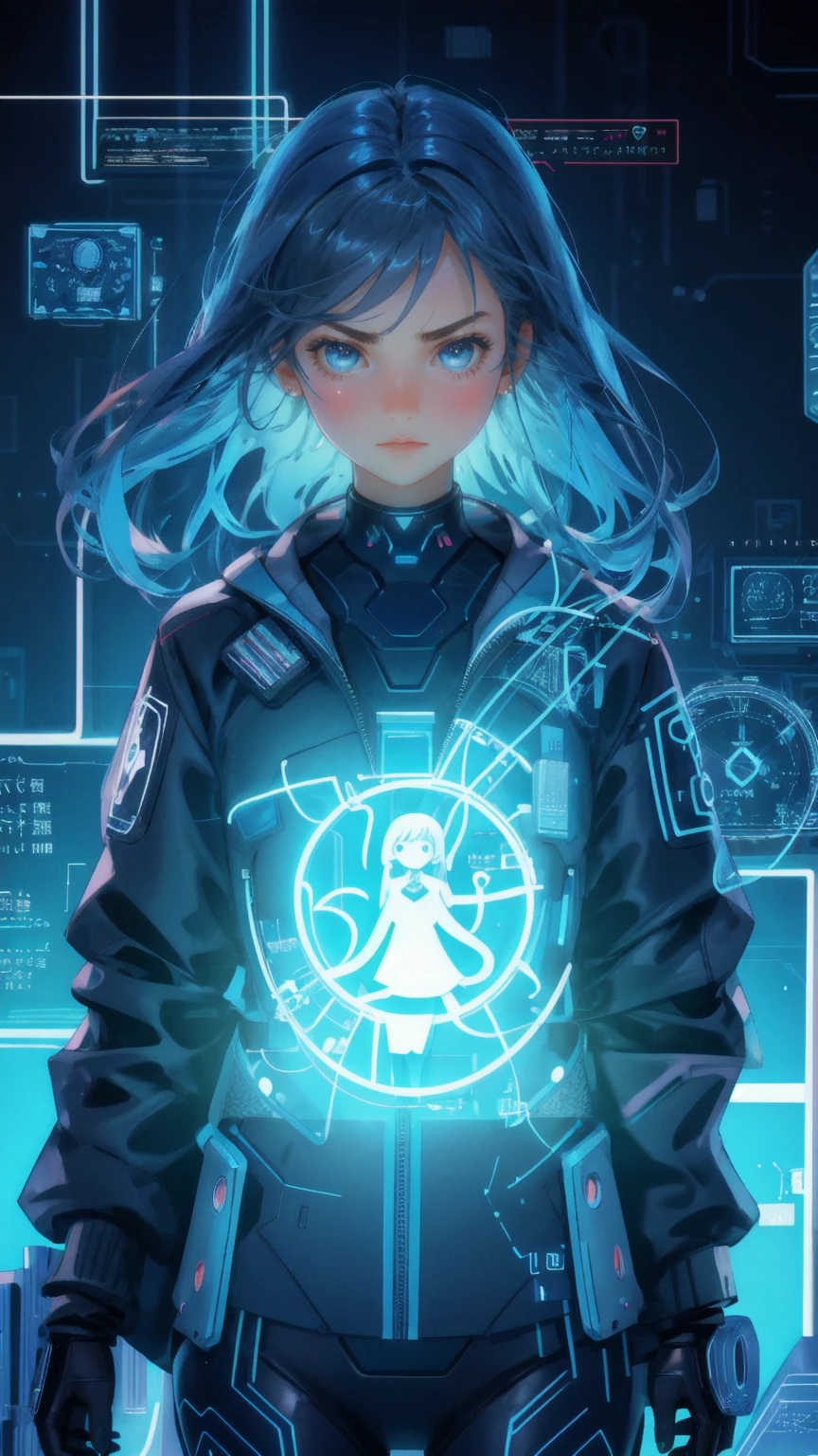 Generate an image set in a high-tech, blue-toned environment, where a cute girl replaces the octopus-like figure in a suit. The girl should have an intense, serious expression, with a furrowed brow, as she manipulates puppet-like figures connected by strings. Surround her with a backdrop of digital screens showing intricate data, graphs, and symbols, emphasizing the complex and controlled nature of the scene. The image should capture a mix of power, focus, and the calculated manipulation of a technologically advanced world