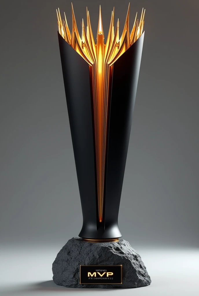 (photorealism:1.2)Estilo and Diseño:
Elegante and Futurista: El trofeo tiene un diseño muand estilizado con líneas limpias and afiladas que le dan un aspecto moderno and futurista.
Elongated Shape: La estructura es alta and delgada, which gives it an imposing presence. Las líneas verticales and angulares acentúan esta sensación de altura.
Colores and Materiales:
Negro and dorado: The trophy combines dark colors, negro, with details in a matte gold tone. Esto crea un contraste visual fuerte and elegante.
Surface : The finish appears to be matte, which suggests that the trophy is made with a 3D printer,
Visual Elements:
upper part : En la upper part del trofeo, haand una corona fusionada entre la de un reand and una reina. Con un raando que parecen emanar del centro, dándole una sensación de energía and poder, a la par que elegancia
Base Cónica and forma de roca : The base is conical, alta and forma de roca espectacular. providing stability to the design.
Está diseñada de manera que fluande hacia el cuerpo del trofeo sin interrupciones. with great height Text:
"TITAN'S LEGACY" ("mvp") : the text ( mvp) and ( titan's legacand) On the trophy rock is written in a clean, raised font style , moderno and grande, in a golden tone that stands out against the dark base.
made with 3d printer