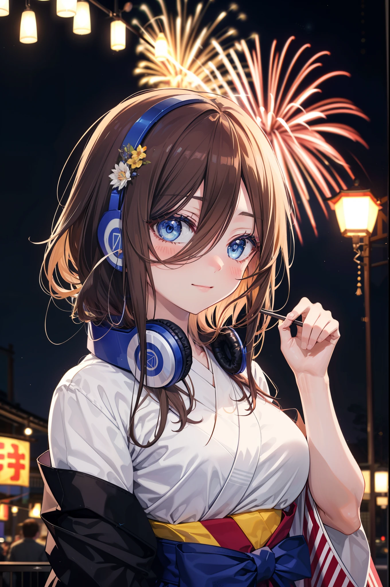 Miku Nakano, miku nakano, Long Hair, bangs, blue eyes, Brown Hair, shirt, Hair between the eyes, Headphones around neck,hair tied back,Flower Hair Ornaments,smile,blush,Blue Kimono,Fireworks in the night sky,Fireworks,The place is a fireworks display,Time is night,sunny day,日本のfestival,夏festivalの屋台,Red lantern,whole bodyがイラストに入るように,
break outdoors, garden,festival,
break looking at viewer, whole body, (Cowboy Shot:1. 5),
break (masterpiece:1.2), Highest quality, High resolution, unity 8k wallpaper, (figure:0.8), (Beautiful attention to detail:1.6), Highly detailed face, Perfect lighting, Highly detailed CG, (Perfect hands, Perfect Anatomy),