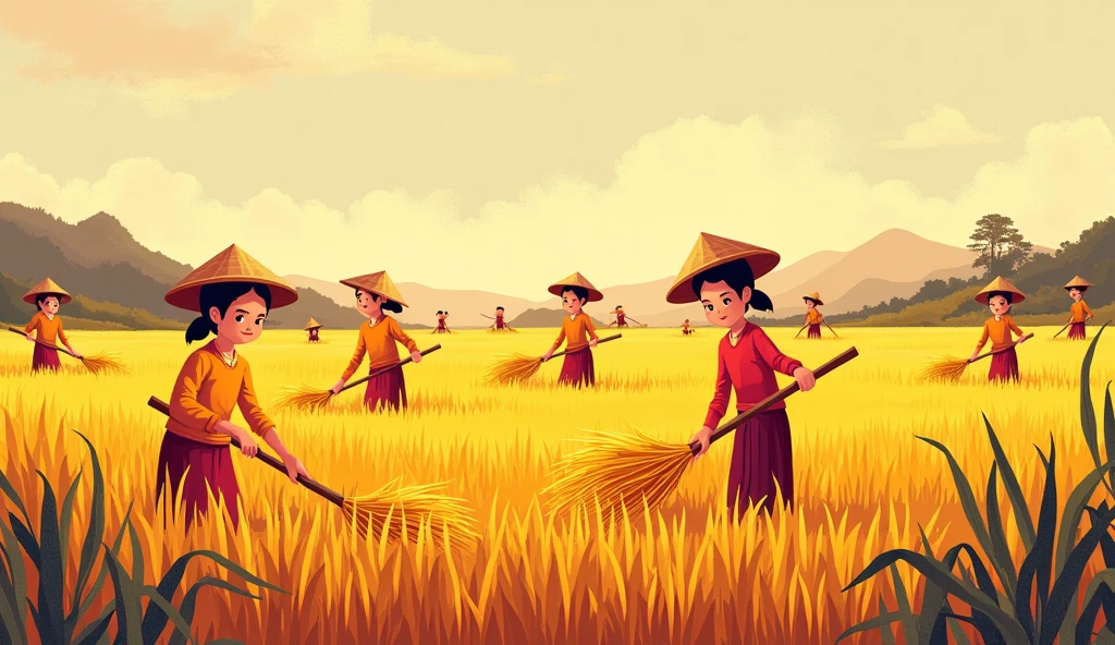 Vietnamese golden rice fields, many people cutting rice by sickle, minimalistic illustration, Meadows, in the style of cartoon-like characters, grainy, kidcore, violet and amber, piratepunk