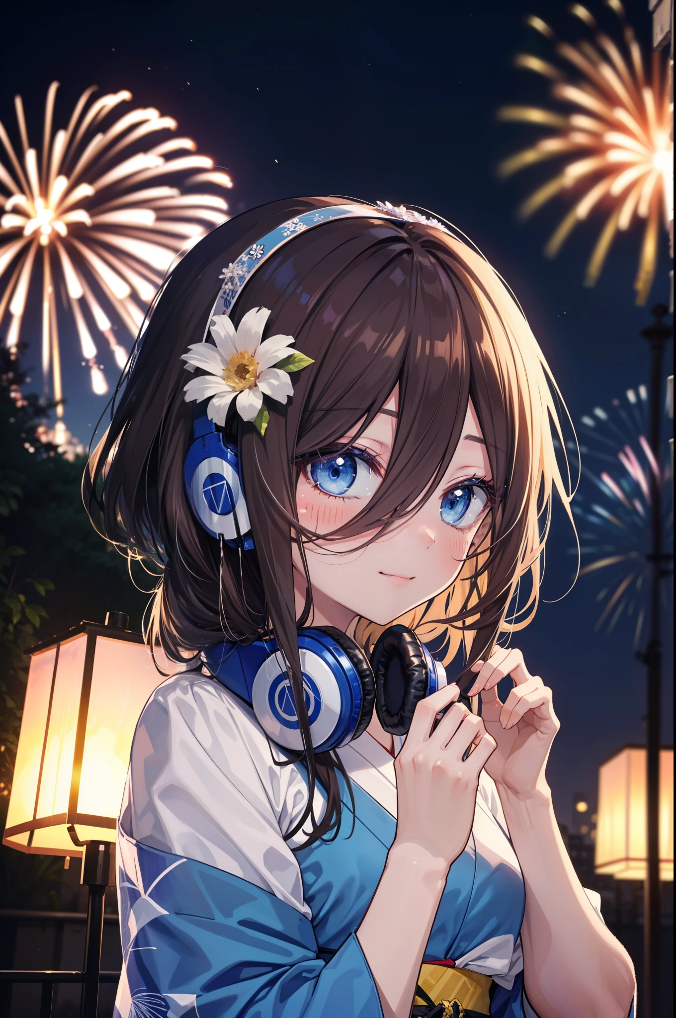 Miku Nakano, miku nakano, Long Hair, bangs, blue eyes, Brown Hair, shirt, Hair between the eyes, Headphones around neck,hair tied back,Flower Hair Ornaments,smile,blush,Blue Kimono,Fireworks in the night sky,Fireworks,The place is a fireworks display,Time is night,sunny day,日本のfestival,夏festivalの屋台,Red lantern,whole bodyがイラストに入るように,
break outdoors, garden,festival,
break looking at viewer, whole body, (Cowboy Shot:1. 5),
break (masterpiece:1.2), Highest quality, High resolution, unity 8k wallpaper, (figure:0.8), (Beautiful attention to detail:1.6), Highly detailed face, Perfect lighting, Highly detailed CG, (Perfect hands, Perfect Anatomy),