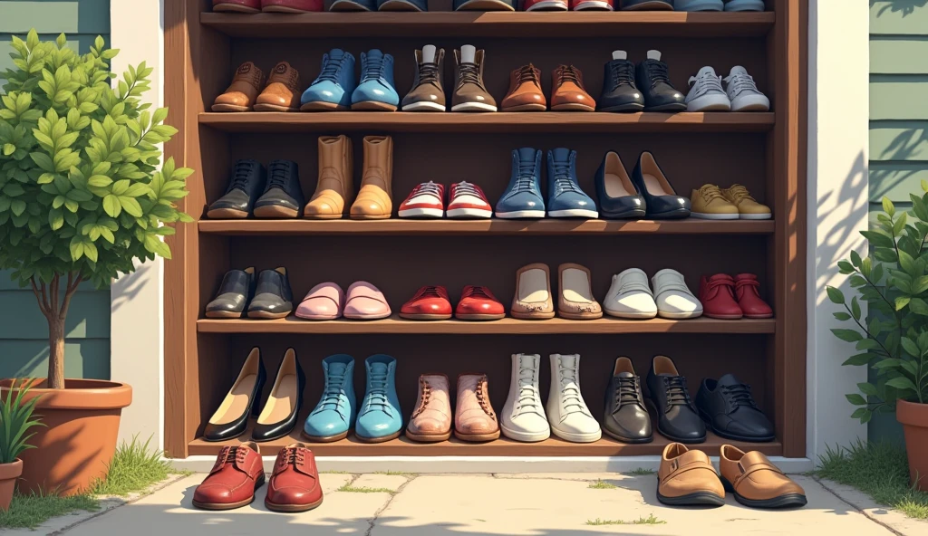 Beside the door of the house, a shoe rack appears. Various types of men's shoes, women's shoes and children's shoes are arranged on the shelves. There were also some slippers strewn in front of the door beside the shoe rack.