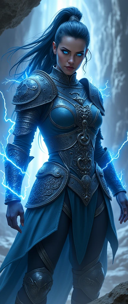 Aletta Ocean, angry evil beautiful and muscular, Nordic female, towering storm Giantess with blue black hair in a ponytail, older and mature woman, throwing a lightning ball, celtic glowing tattoos, wearing nordic steel runic plate mail Armour , temple cave background with lightning storm, glowing blue eyes, square jaw, powerful and imposing, winter clothing, pale blue purple skin, ((full plate celtic dragon armour)), nordic tattoos, fit bodybuilder, facing the camera , ultra detailed