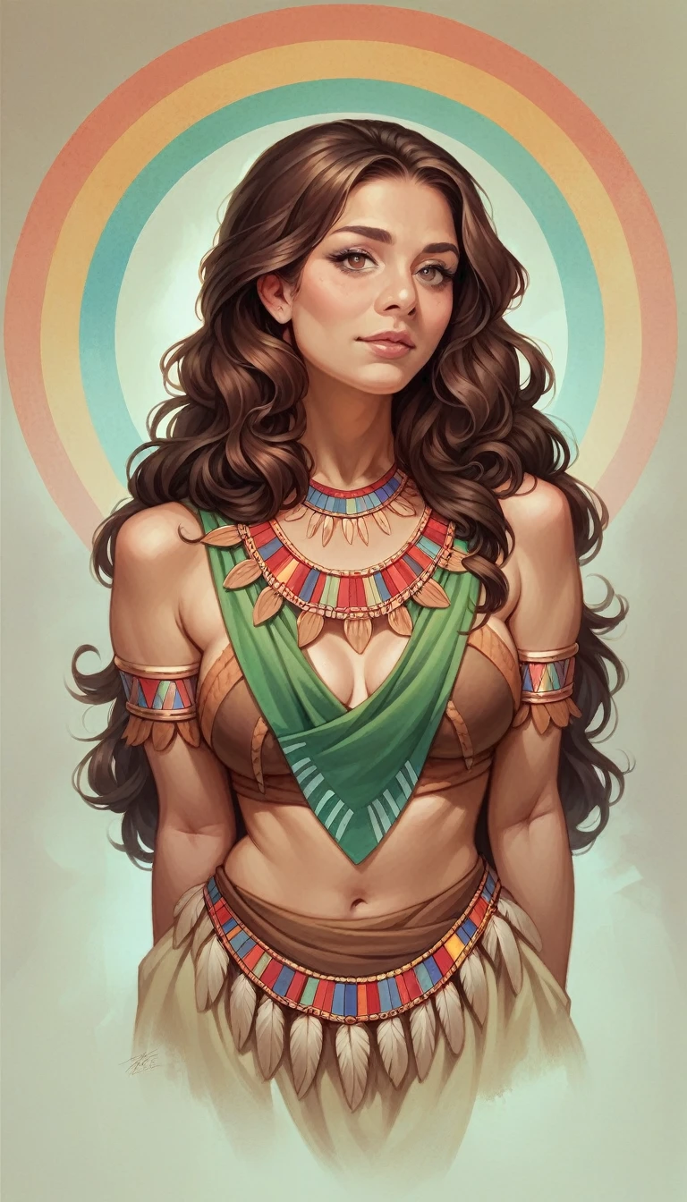 a sultry Indian woman with long wavy brown hair,beautiful face,attractive body shape,wearing a colorful intricate tribal inspired sexy outfit,feeling longing and separation,ultra-detailed,photorealistic,vivid