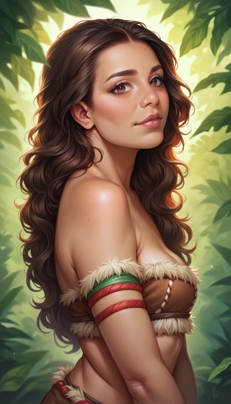 a sultry Indian woman with long wavy brown hair,beautiful face,attractive body shape,wearing a colorful intricate tribal inspired sexy outfit,feeling longing and separation,ultra-detailed,photorealistic,vivid