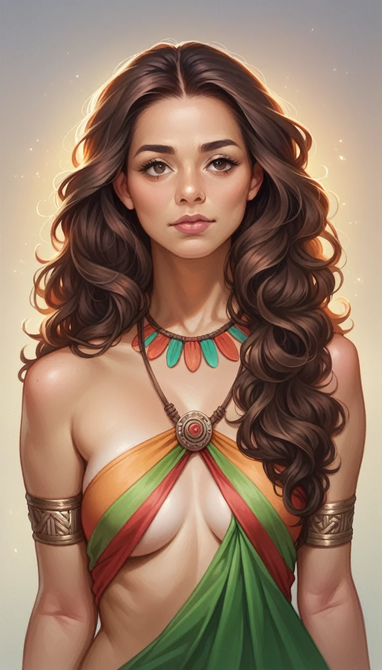 a sultry Indian woman with long wavy brown hair,beautiful face,attractive body shape,wearing a colorful intricate tribal inspired sexy outfit,feeling longing and separation,ultra-detailed,photorealistic,vivid