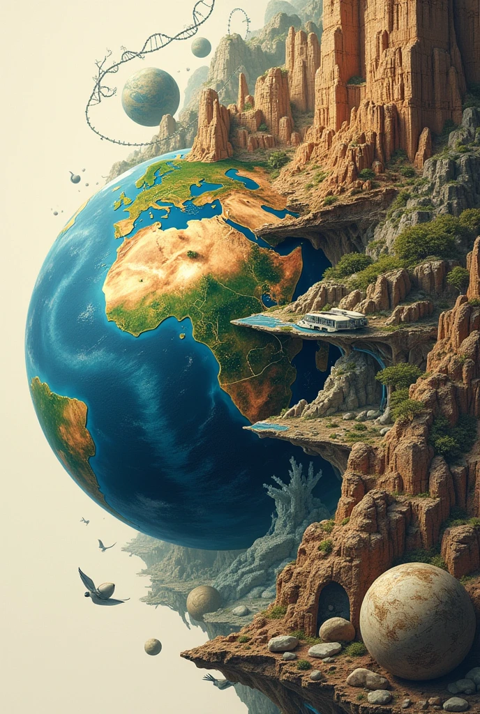 easy drawing
RIGHT SIDE: Fossils, DNA strands, and natural selection illustrations.
LEFT SIDE: A depiction of Earth being shaped with diverse landscapes like mountains, forests, and oceans appearing in a single moment