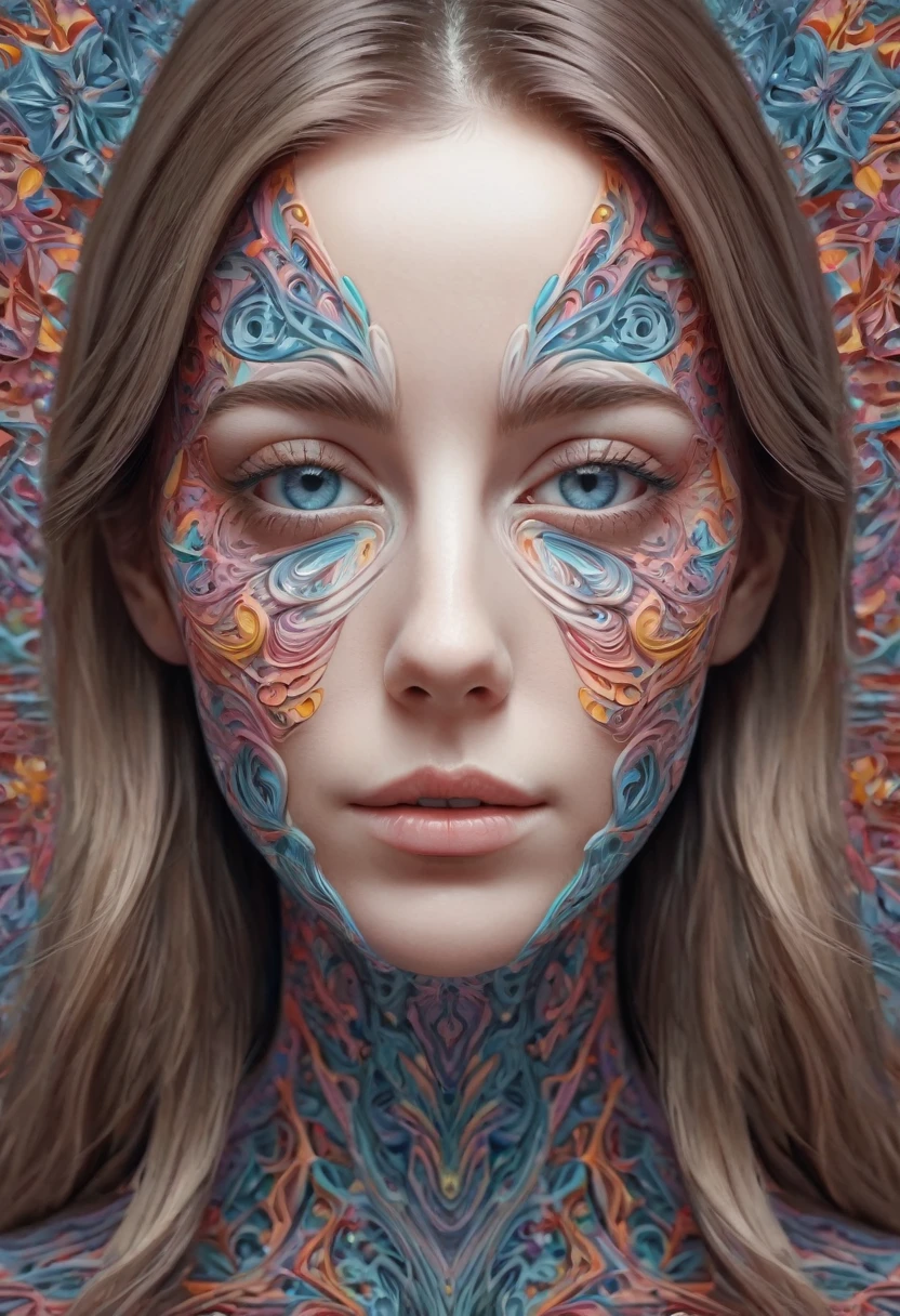 a woman with a color pattern on her face, stunning digital art, complicated digital art, 3 d digital art, 3d digital art, complicated digital artwork, Advanced 3D digital art, amazing detailed digital art, digital complicated art, Detailed 3D digital art, amazing digital art, 4k symmetrical portrait, 4k symmetrical portrait