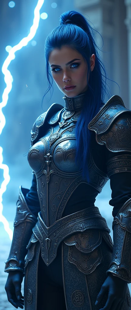 Aletta Ocean, angry evil beautiful and muscular, Nordic female, towering storm Giantess with blue black hair in a ponytail, older and mature woman, throwing a lightning ball, celtic glowing tattoos, wearing nordic steel runic plate mail Armour , temple cave background with lightning storm, glowing blue eyes, square jaw, powerful and imposing, winter clothing, pale blue purple skin, ((full plate celtic dragon armour)), nordic tattoos, fit bodybuilder, facing the camera , ultra detailed
