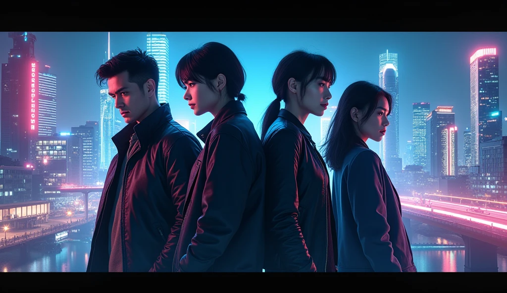 A sci-fi thriller movie poster featuring four full-body shots of the protagonists—two men and two women. All are dressed in contemporary attire with dark hair, standing against a backdrop of neon-lit city streets at night.