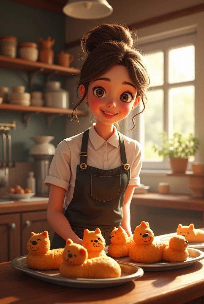 Bakery, woman baking and taking out baked goods from the oven, baked goods in the shape of pets, detail details, real, real