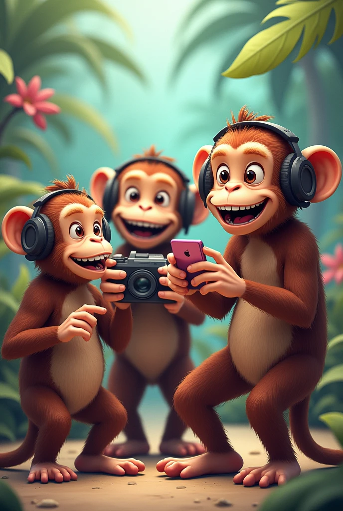 Four funky monkeys in one frame, there are using social media. One monkey have a head phone, second monkey have a camera, others will direct 