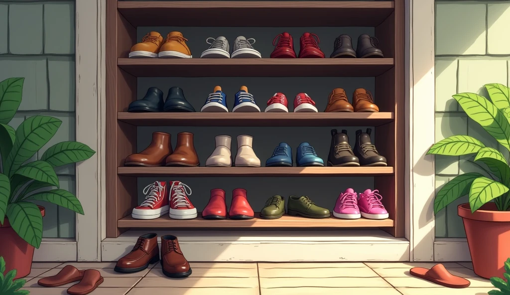 Beside the door of the house, a shoe rack appears. Various types of men's shoes, women's shoes and children's shoes are arranged on the shelves. There were also some slippers strewn in front of the door beside the shoe rack.