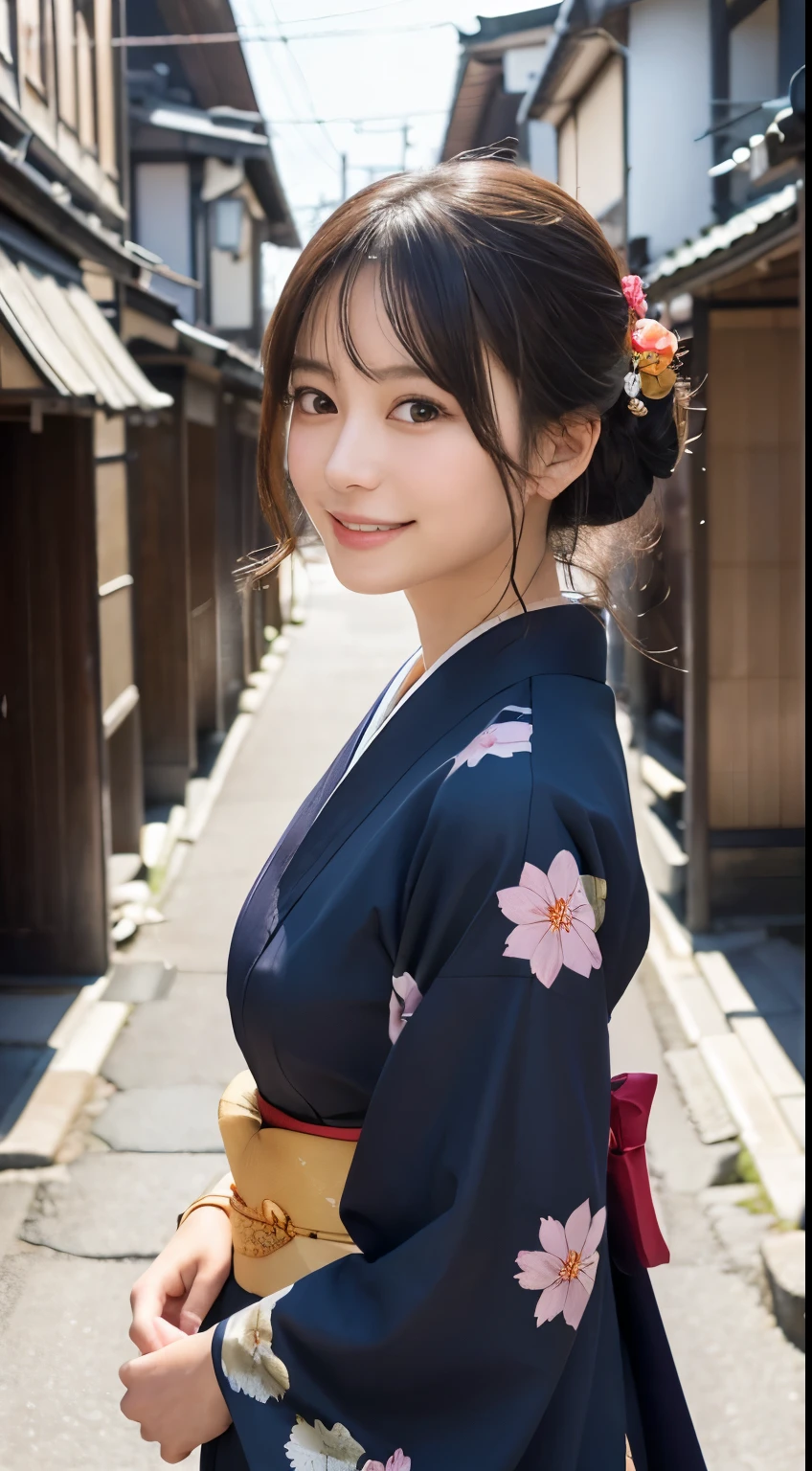 Professional Lighting,(Photorealistic:1.4), (Top image quality:1.0), (超High resolution:1.0), 8k, Raw photography, (masterpiece:0.2), (Facing the children_v1:0.5)、(最高quality Detail:1.2)、Realistic、8k UHD、High resolution、(1 person:1.2)、超detailedな、High quality textures、複雑なdetailed、detailed、Very detailed CG、High quality shadows、detailed 美しく繊細な顔、Beautiful details and a delicate eye、(Symmetrical eyes:1.2),Written boundary depth、Ray Tracing,1 person, Japanese, (Natural smile:1.4),cute, thin, Portrait of a beautiful Japanese woman in a kimono, Standing elegantly on a street corner in Kyoto. Kimono with vibrant traditional patterns, Hair decorated with elegant and delicate hairpins, Gentle expression. (With the old streets of Kyoto in the background:1.4)、The soft light of a spring afternoon、Adding tranquility to the scene. Rendered in a Realistic style with great attention to detail, High resolutionの画像.Sky Porn, Magic Hour, (Realistic:1.3), finely, quality, (Tabletop:1.2), (Realistic:1.2), (最高quality), (複雑なdetailed), dramatic, Ray Tracing, photograph, +roller