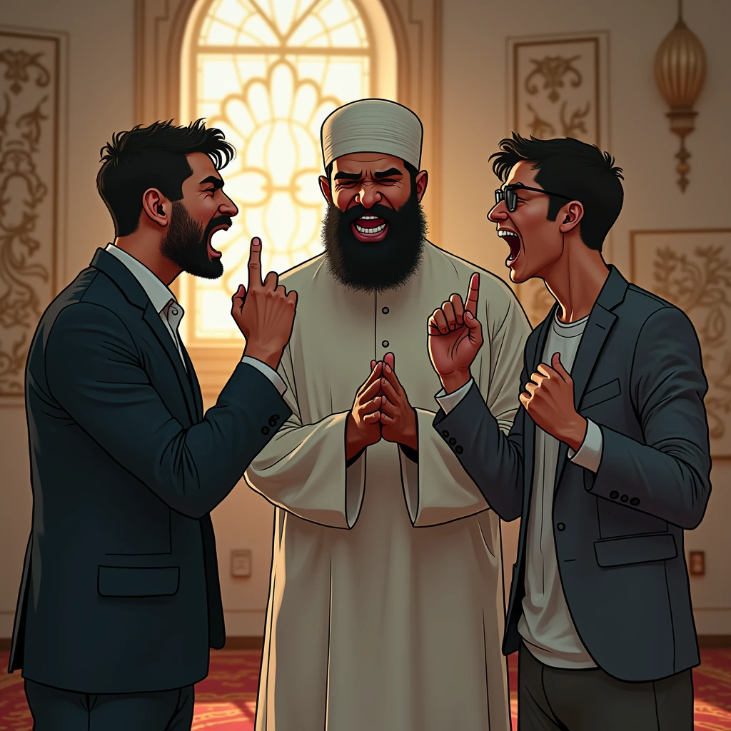 Two disobedient people are laughing in front of an imam and talking with raised fingers