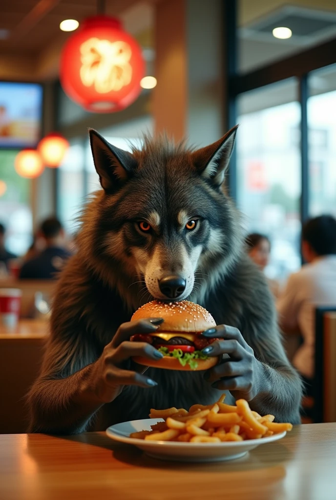 A werewolf, with fur, sharp claws, and a wolf-like face, is sitting in a Tokyo McDonald's, eating a Tsukimi Burger. The setting is a typical McDonald's restaurant with bright lighting, modern decor, and other customers casually dining in the background. The werewolf is holding the burger with its claws, about to take a bite, while sitting at a table. The atmosphere is a blend of the everyday and the extraordinary, with the werewolf seamlessly fitting into the normal setting. The image is realistic, with a lifelike and cinematic quality