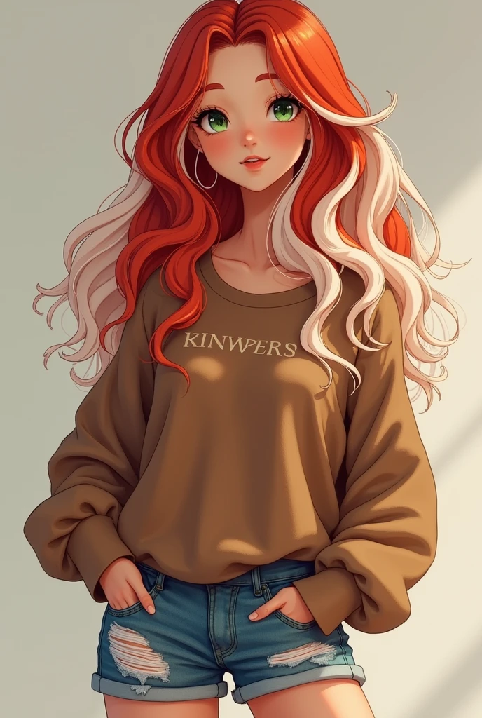 A 20-year-old woman with long, wavy red and white hair, green eyes and a round, flushed face, wearing a brown sweater with small white letters written on it, ripped denim shorts and white sneakers.