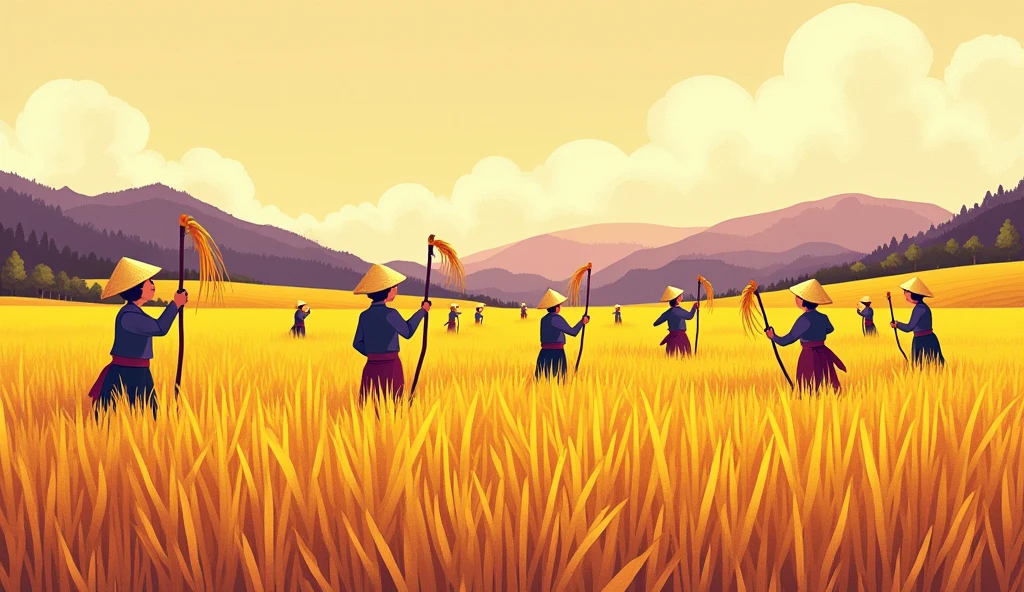 Vietnamese golden rice fields, many people cutting rice by sickle, minimalistic illustration, Meadows, in the style of cartoon-like characters, grainy, kidcore, violet and amber, piratepunk