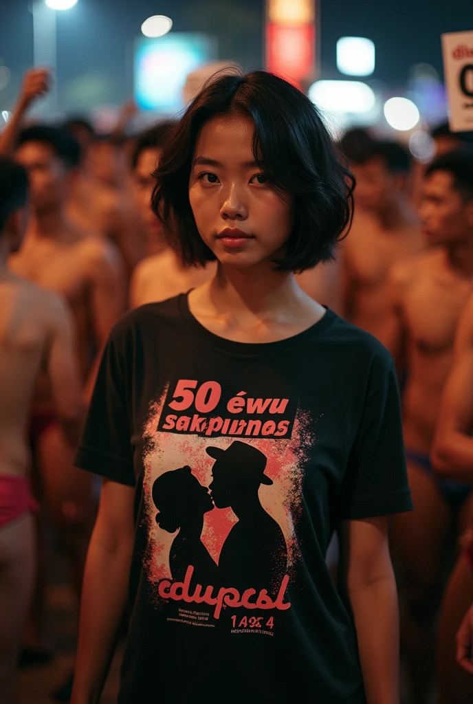 A indonesia pretty girl, wearing a t-shirt with a strong vector design featuring a silhouette image of a naked couple having sex in black colour. The sentence "50 EWU SAKPUASE" is displayed with bold and distressed typography pastel tone,   holding a poster a sign that reads "(DISKON 99%)". short wavy hair, in a public place, surrounded by many naked men, large and sexy breasts, mitenight, with a shooting angle from the front, very realistic, (complex detail: 0. 9), (hdr, hyperdetail: 1.2), RAW, Sony Alpha a9 II, 24-105mm f/4, HDR,