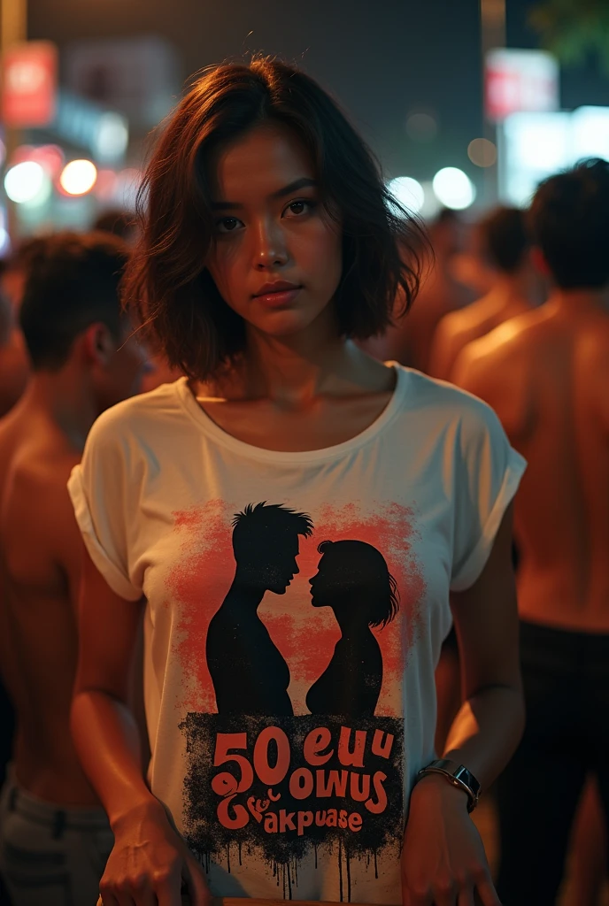 A indonesia pretty girl, wearing a t-shirt with a strong vector design featuring a silhouette image of a naked couple having sex in black colour. The sentence "50 EWU SAKPUASE" is displayed with bold and distressed typography pastel tone,   holding a poster a sign that reads "(DISKON 99%)". short wavy hair, in a public place, surrounded by many naked men, large and sexy breasts, mitenight, with a shooting angle from the front, very realistic, (complex detail: 0. 9), (hdr, hyperdetail: 1.2), RAW, Sony Alpha a9 II, 24-105mm f/4, HDR,
