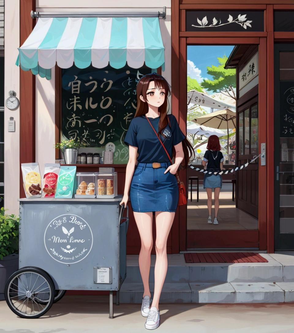 realistic anime illustration of young woman is standing in front of cafe, carrying bag, she is black long hair (+forehead , dyed reddish-brown streaked hairs), wearing black t-shirt, light-blue denim pencil skirt, white sneakers, (1girl, solo, full body), (masterpiece, best quality, japanese anime style), (expressive eyes, perfect face, perfect anatomy)