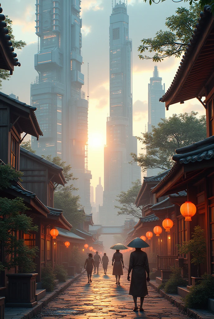 "A futuristic cityscape blending harmoniously within a traditional village setting. Advanced skyscrapers with neon lights rise alongside rustic wooden homes, while flying vehicles hover above cobblestone streets. The scene is bathed in a soft golden glow from the setting sun, casting long shadows of both futuristic and traditional elements. Villagers in simple attire interact with robots, merging tradition with innovation in this serene yet dynamic environment."Camera Settings: "Captured with a Sony Alpha 7R IV, 24-70mm lens at 35mm, ISO 100 for sharpness, f/8 for balanced depth of field, and a shutter speed of 1/100s to freeze the mix of motion and stillness, ensuring every detail, from the glowing neon lights to the rustic textures, is perfectly preserved."