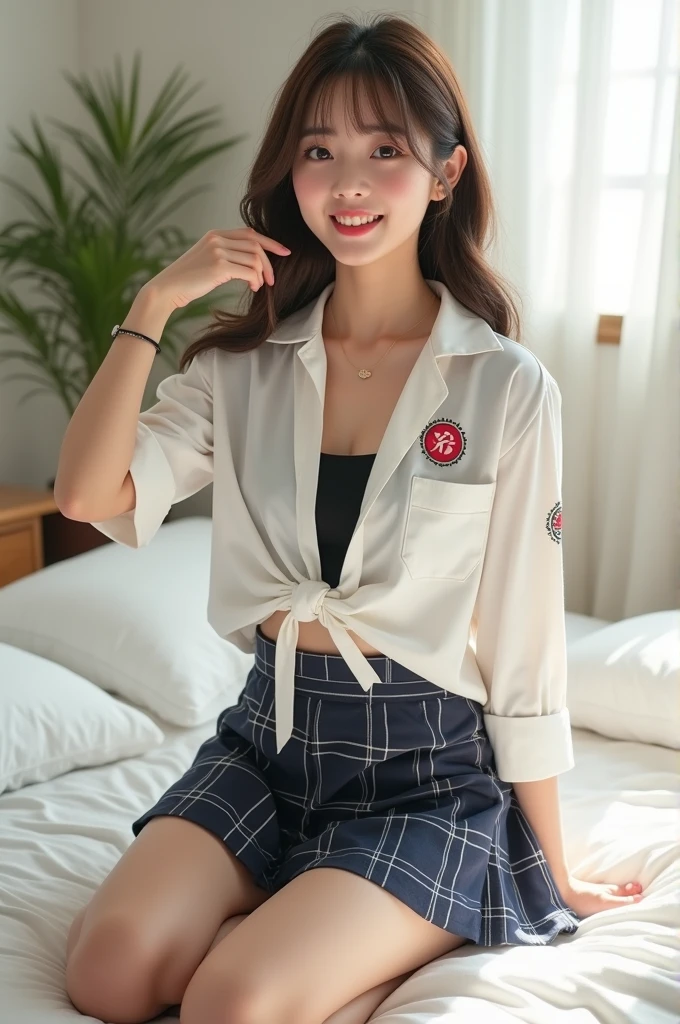 A cute (((schoolgirl))) confidently (((made))) a fashion statement after school, in her bedroom, by tying the bottom hem of her white uniform shirt. Her shirt sleeves were ((rolled up))to upper arm, and she wore a shiny black ((school swimsuit)) underneath her knotted shirt. She exuded (((confidence))), style, and playful energy, relaxing in her uniform, which showcased her trendy, active persona,beautiful Korean idol,dark blue plaid skirt,Japanese school emblem on shirt pocket and upper arm.
Her cheerful demeanor was highlighted by a sweet smile, accentuated by lovely eye contact. This radiant girl, with big eyes and a pretty face, was kneeling on the bed, surrounded by bright white pillows. The oversized shirt tied at her lower hip, showcasing her shapely figure, perfectly combined a balance of naughty and playful aesthetics,perfect figure,big hips,big thighs,big breast,big tits.
(((Summer fashion trends))) among schoolgirls have shifted towards tying the hems of uniform shirts, allowing for a more ((playful)) and active appearance. This method, which is compliant with school rules, removes the bulkiness that comes with tucking in shirts.
Her youthful spirit radiated even more as she removed her bow ribbon, rolling her sleeves up, and adjusting her knotted hem shirt to enhance her lively appearance. (((Beautiful, confident, playful, stylish, schoolgirl, summer trend, eye contact, sweet smile)))