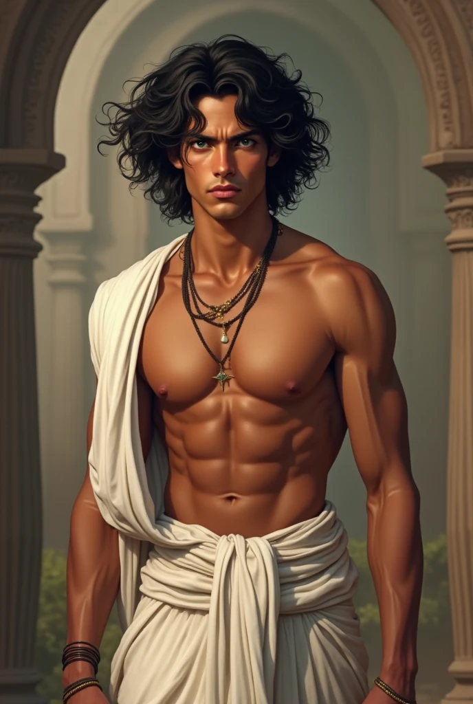 A 25 years young west bengal indian handsome man,the year 1203 AD. White dhoti & scarf traditional dress- bronze fair bright skinned, black curly flowing hair crossing neck, 6 feet 1 inches tall man,  atheletic muscular lean build  person.hazel green intense eyes with slightly joined eyebrows 