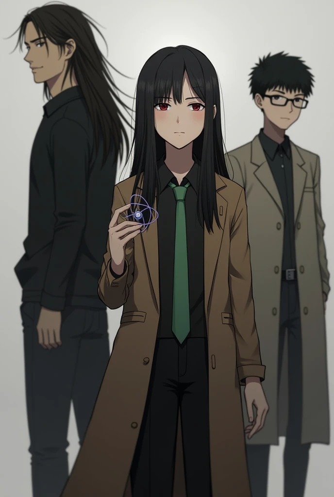 1 garçon en arrière-plan avec des cheveux longs noirs et une chemise noire avec un sourire au premier plan une fille au cheveux noirs long avec une chemise noire cravate verte, et un long manteau marron une 2 fille au premier plan métisse avec une coupe de cheveux au carré et des lunettes et une veste de chimiste, avec un atome dans la main