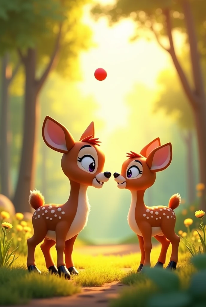 Create in 3d animation style for the kids of 3- 5 years old
Daisy’s Helping Gesture**  
   *"Daisy the Deer bending down and nudging Sammy playfully as they both look up at the red ball. The forest is bathed in sunlight, creating a warm and friendly atmosphere around them."*
