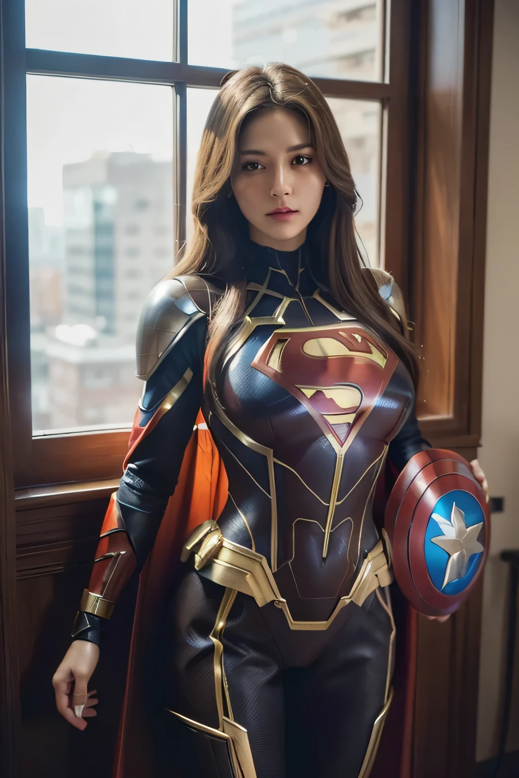 1 woman, long hair, large breasts, ((detailed eyes:1.2, brown eyes)), ((superhero outfit, cybersuit, boob window)), nsfw, sexy, sensual, masterpiece, top quality, best quality, official art, beautiful and aesthetic:1.2), extreme detailed, colorful, highest detailed