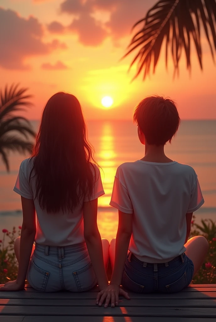 (photorealism:1.2), two beautiful woman and sunset, looking at sunset, 1 meter away, sitting on bench, wearing shirts top, shorts, long hair and short hair, outdoors, wearing sneakers shoes, soft lighting, sunset view, realistic image, intricate details, warm colors, realism