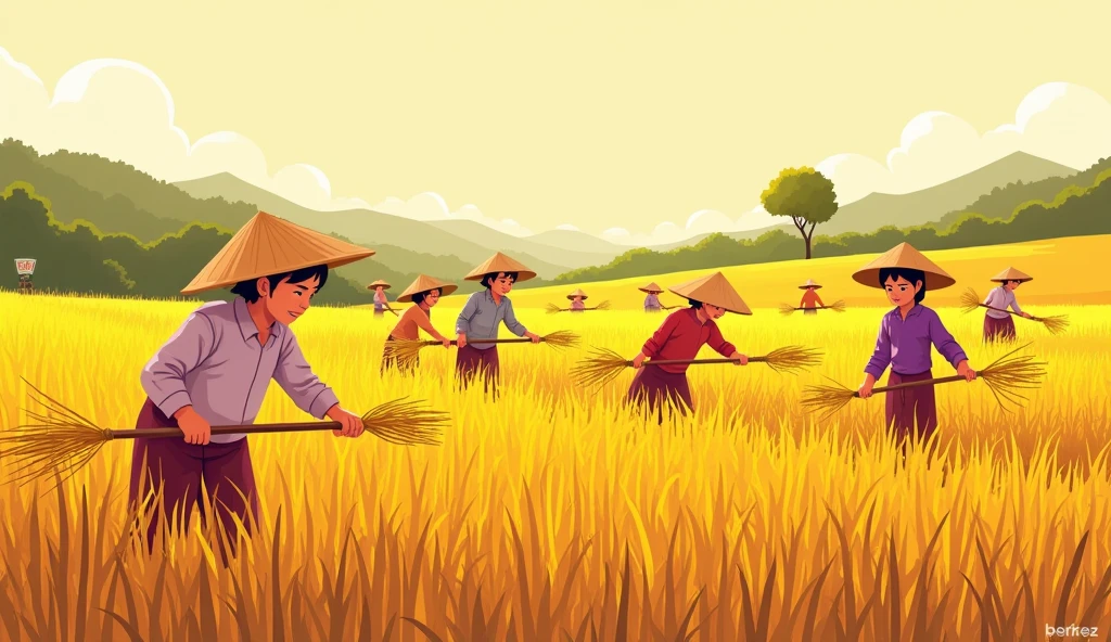 Vietnamese golden rice fields, many people cutting rice by sickle, minimalistic illustration, Meadows, in the style of cartoon-like characters, grainy, kidcore, violet and amber, piratepunk