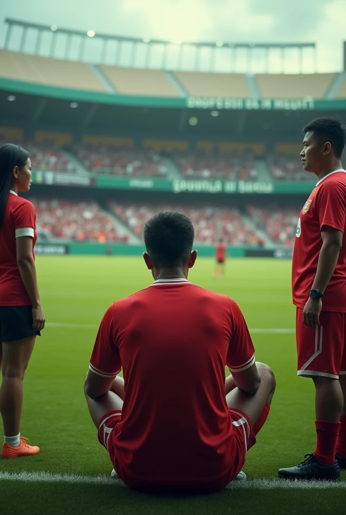 realistic photo,a man from the Indonesian national football team,with the red Indonesian national team jersey,sitting in thought on the sidelines,her facial expression is sad,there was a coach standing next to him with a woman,The coach offers a beautiful Indonesian woman,slightly fat woman,short t-shirt,football field background,behind it there is a spectator stand with writing in Indonesian "SPIRIT OF BOLO",Photo realistic,real,4k,8k,UHD