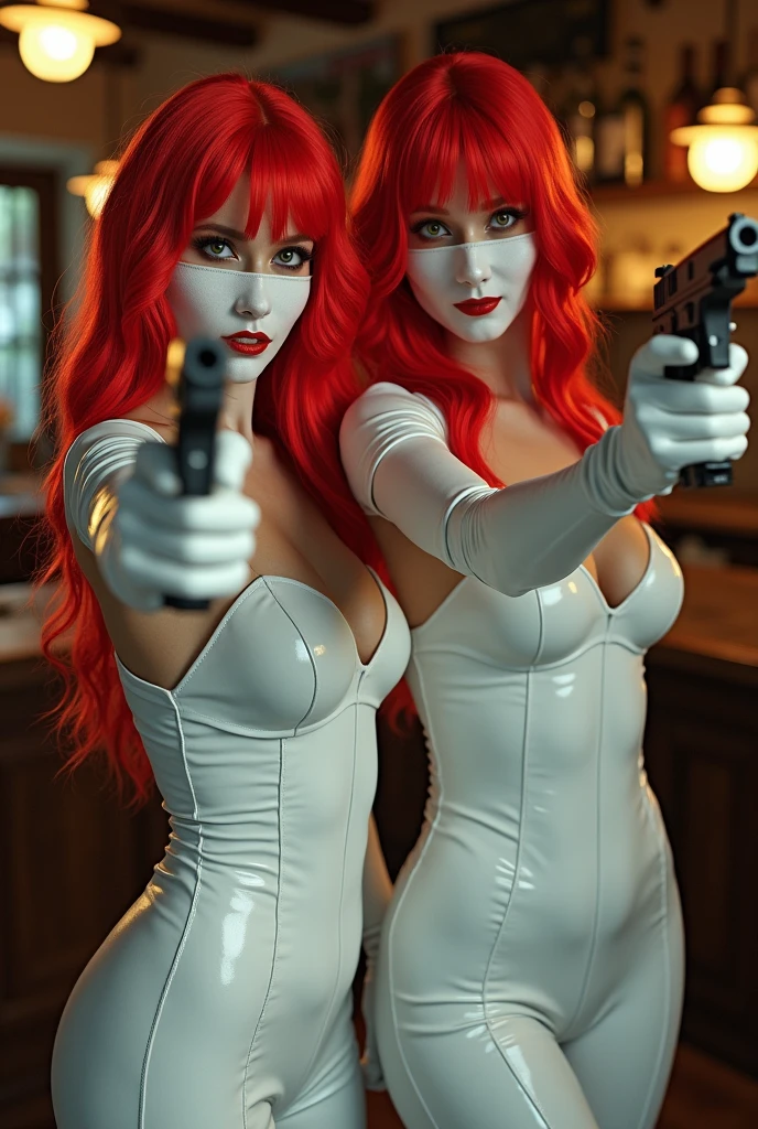 2 famme qui porte une perruque de cheveux roux  Lons et qui porte des gants blan en cuir et Lons avec masque et qui porte une tenue moulante en cuir blanc avec des pistolet dans un bureau de tabac 