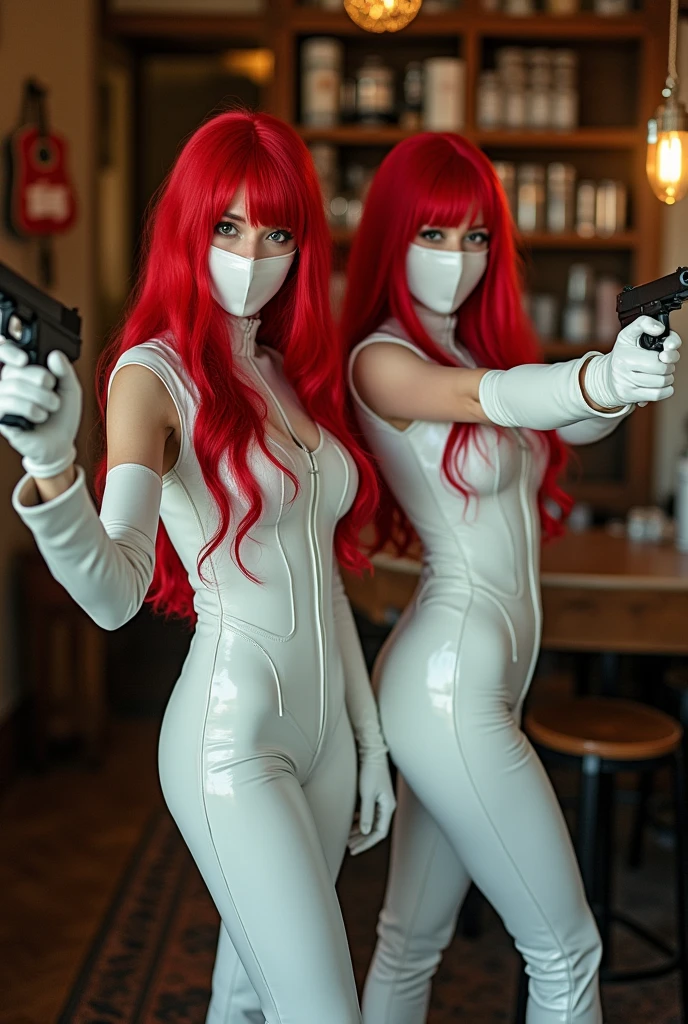 2 famme qui porte une perruque de cheveux roux Lons et qui porte des gants blan en cuir et Lons avec masque et qui porte une tenue moulante en cuir blanc avec des pistolet dans un bureau de tabac