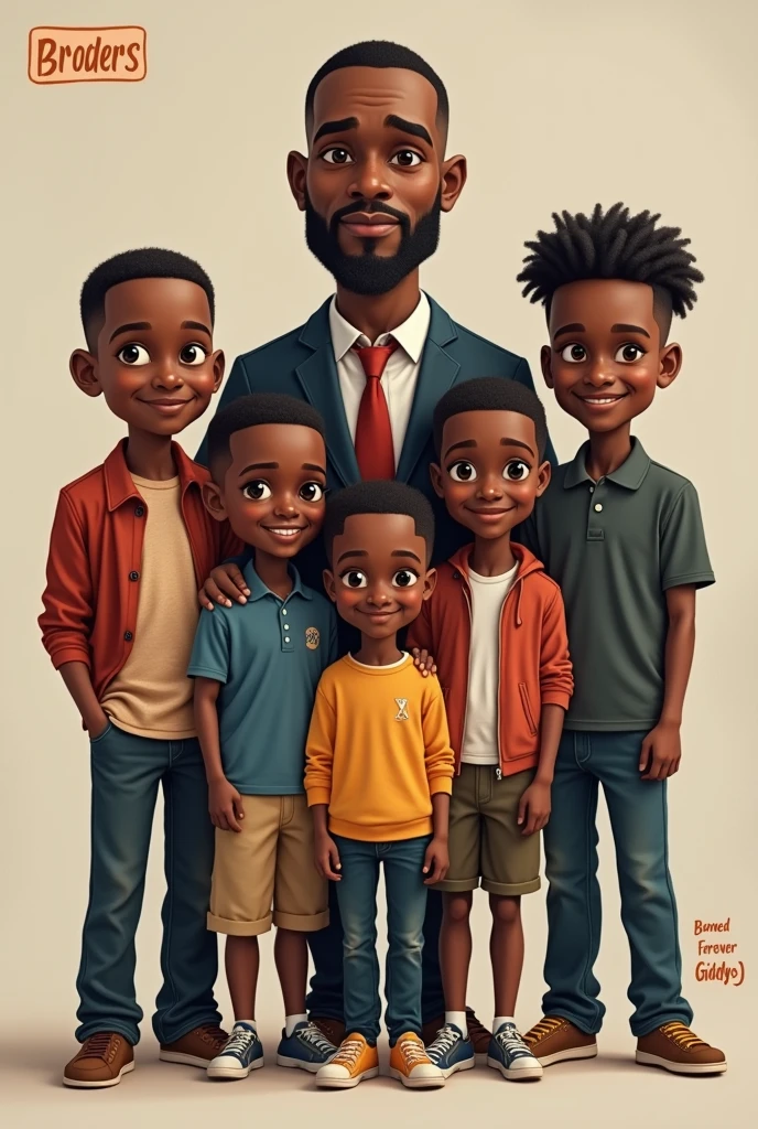 A group icon of Brothers ages in order of their names and also name tags respectfully as well, they are all black Africans, and their names are as follows LENNY(the oldest likes a clean-shaven head and always in formal attire, age around 40), MIKE(the second born like a tape fade hair in a casual outfit, age around 38), FELIX(third born, likes a clean-shaven head, but leaves a moustache always in formal outfit age around 34, BISMARCK (fourth born, likes casual outfits mostly and a clean-shaven head around age 30, SHADDY(fifth born, likes a lower tape fade haircut and a casual outfit, age around 22, GIDDY( the last born likes a Bellingham style haircut and also casual fashion outfit, age around 20)
provide
Also, A NAME TAG ABOVE THEM stating
'BROTHERS'
'BONDED FOREVER '( should be in orange colour)