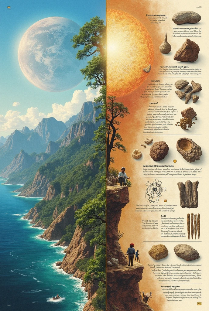 Easy drawing about
RIGHT SIDE: Fossils, DNA strands, and natural selection illustrations.

LEFT SIDE: A depiction of Earth being shaped with diverse landscapes like mountains, forests, and oceans appearing in a single moment.