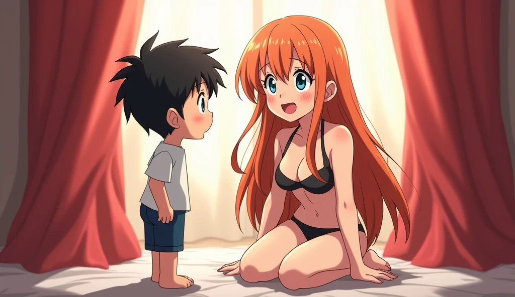  image is from an anime, depicting a humorous or awkward situation. It shows a 6 year old boy with short black hair, , stand on floor while looking at a young woman with long orange-brown hair. The woman, who appears surprised or tention, open mouth, is wearing  bikini , while the boy looks startled . The background features red curtains, giving the scene an intimate or tense setting. The overall style is comedic and fits the trope of awkward encounters often found in romantic or slice-of-life anime.