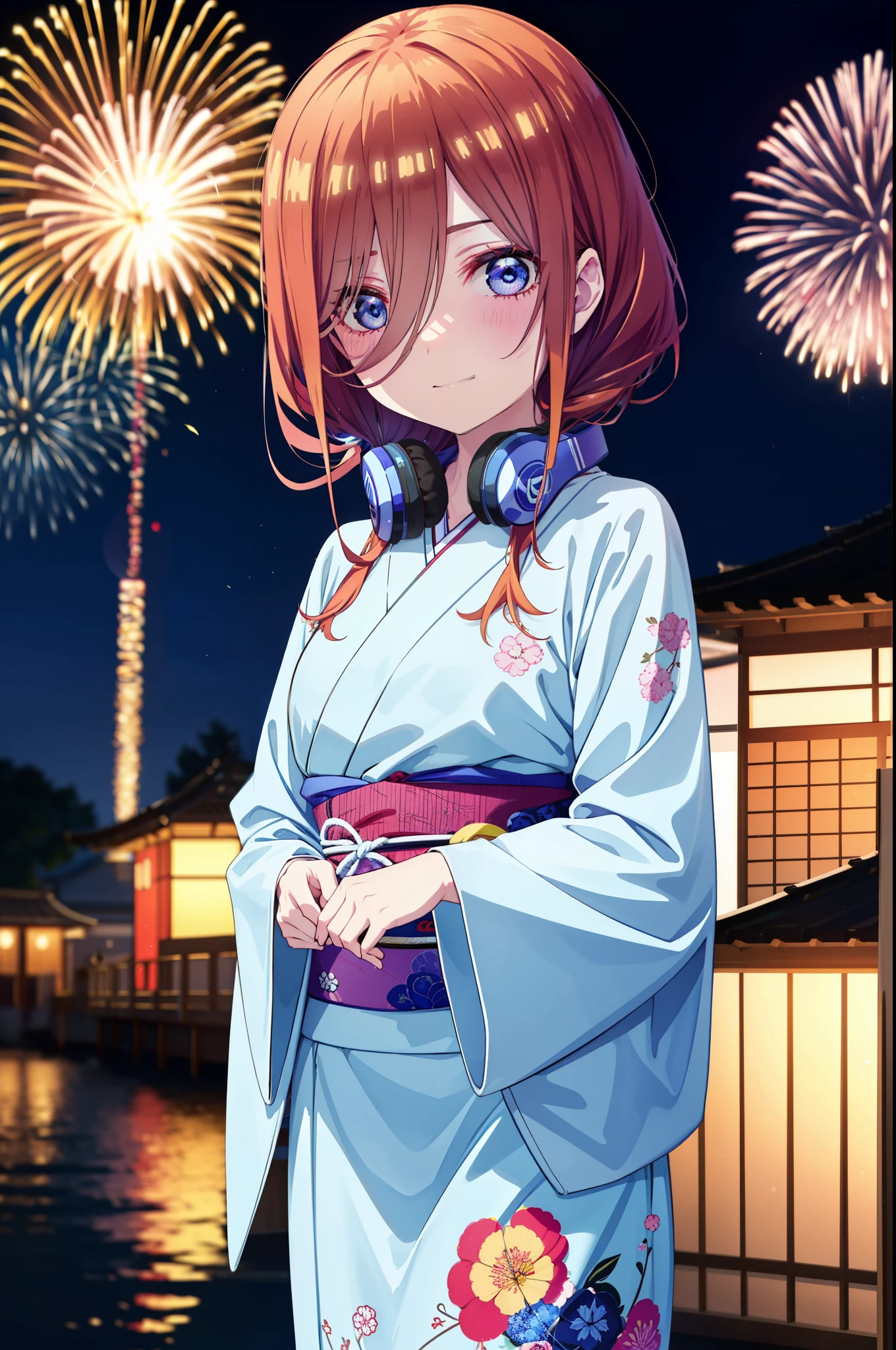 Miku Nakano, miku nakano, Long Hair, bangs, blue eyes, Brown Hair, shirt, Hair between the eyes, Headphones around neck,hair tied back,Flower Hair Ornaments,smile,blush,Blue Kimono,Fireworks in the night sky,Fireworks,The place is a fireworks display,Time is night,sunny day,日本のfestival,夏festivalの屋台,Red lantern,whole bodyがイラストに入るように,
break outdoors, garden,festival,
break looking at viewer, whole body, (Cowboy Shot:1. 5),
break (masterpiece:1.2), Highest quality, High resolution, unity 8k wallpaper, (figure:0.8), (Beautiful attention to detail:1.6), Highly detailed face, Perfect lighting, Highly detailed CG, (Perfect hands, Perfect Anatomy),