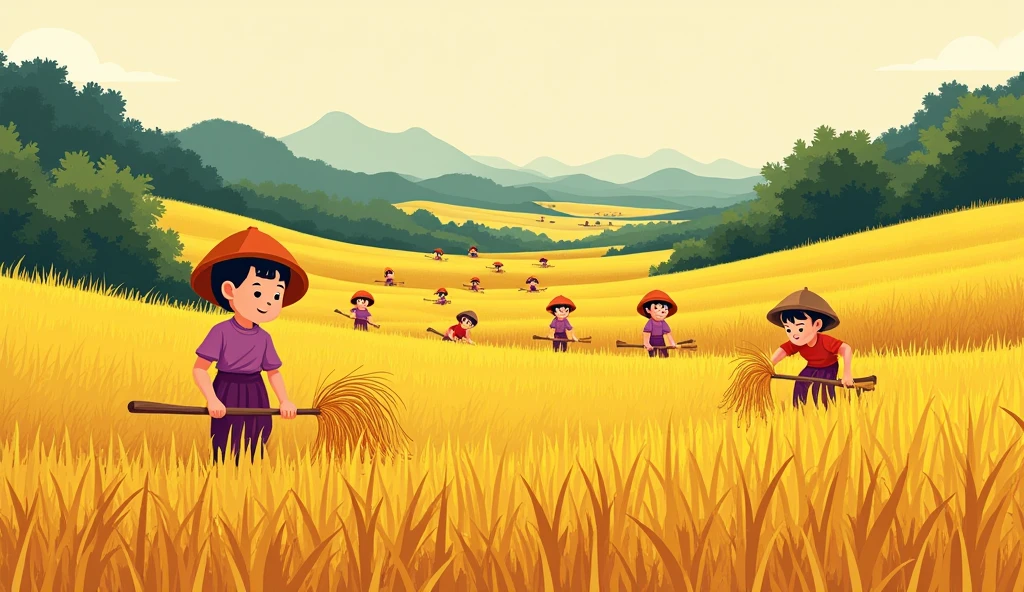 Vietnamese golden rice fields, many people cutting rice by sickle, minimalistic illustration, Meadows, in the style of cartoon-like characters, grainy, kidcore, violet and amber, piratepunk