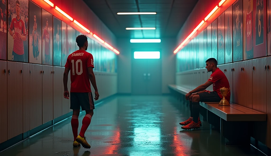 /imagine prompt: Realistic, neon-lit corridor with posters of iconic sports moments on the walls. A 25-year-old soccer player walks alone, con scritto sopra al numero 10 il nome: Leon, his muddy and grassy cleats echoing in the empty space after a victorious match. He enters a deserted locker room, sits on a wooden bench, and places a golden trophy on the floor beside him. His expression is lost in thought as a flashback shows him as a joyful 5-year-old playing in a sunlit village field. The scene contrasts the past and present, creating a poignant atmosphere: Unreal Engine, hyper-realistic —ar 16:9