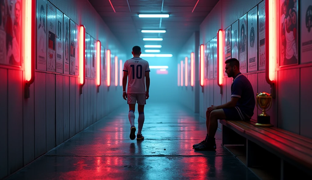 /imagine prompt: Realistic, neon-lit corridor with posters of iconic sports moments on the walls. A 25-year-old soccer player walks alone, con scritto sopra al numero 10 il nome: Leon, his muddy and grassy cleats echoing in the empty space after a victorious match. He enters a deserted locker room, sits on a wooden bench, and places a golden trophy on the floor beside him. His expression is lost in thought as a flashback shows him as a joyful 5-year-old playing in a sunlit village field. The scene contrasts the past and present, creating a poignant atmosphere: Unreal Engine, hyper-realistic —ar 16:9