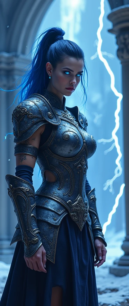 Aletta Ocean, angry evil beautiful and muscular, Nordic female, towering storm Giantess with blue black hair in a ponytail, older and mature woman, throwing a lightning ball, celtic glowing tattoos, wearing nordic steel runic plate mail Armour , temple cave background with lightning storm, glowing blue eyes, square jaw, powerful and imposing, winter clothing, pale blue purple skin, ((full plate celtic dragon armour)), nordic tattoos, fit bodybuilder, facing the camera , ultra detailed