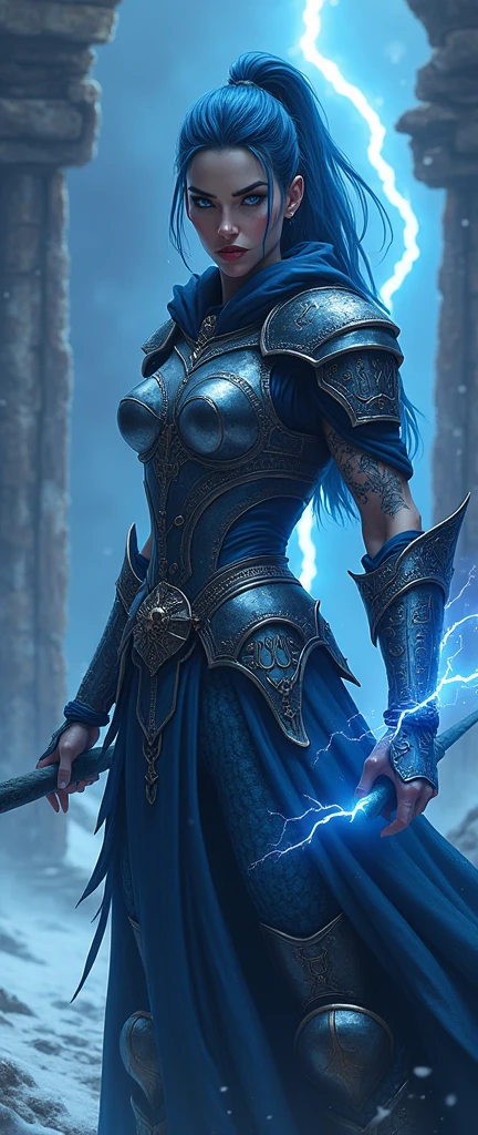 Aletta Ocean, angry evil beautiful and muscular, Nordic female, towering storm Giantess with blue black hair in a ponytail, older and mature woman, throwing a lightning ball, celtic glowing tattoos, wearing nordic steel runic plate mail Armour , temple cave background with lightning storm, glowing blue eyes, square jaw, powerful and imposing, winter clothing, pale blue purple skin, ((full plate celtic dragon armour)), nordic tattoos, fit bodybuilder, facing the camera , ultra detailed